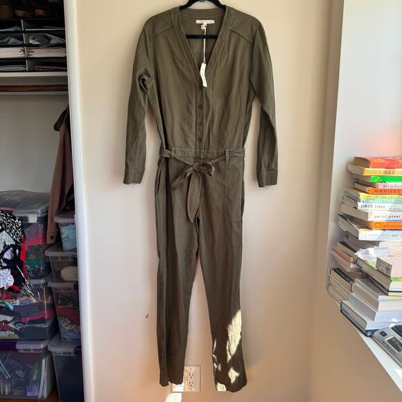 New Xirena Wylder Jumpsuit Olive Green Button Belted Pockets Straight Leg Sz M - Picture 5 of 11